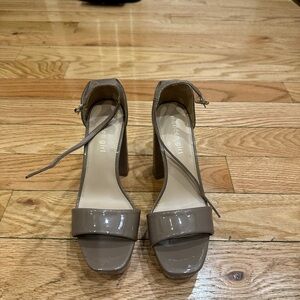 Madden Girl Taupe Patent Block Heel Sandals with Ankle Strap